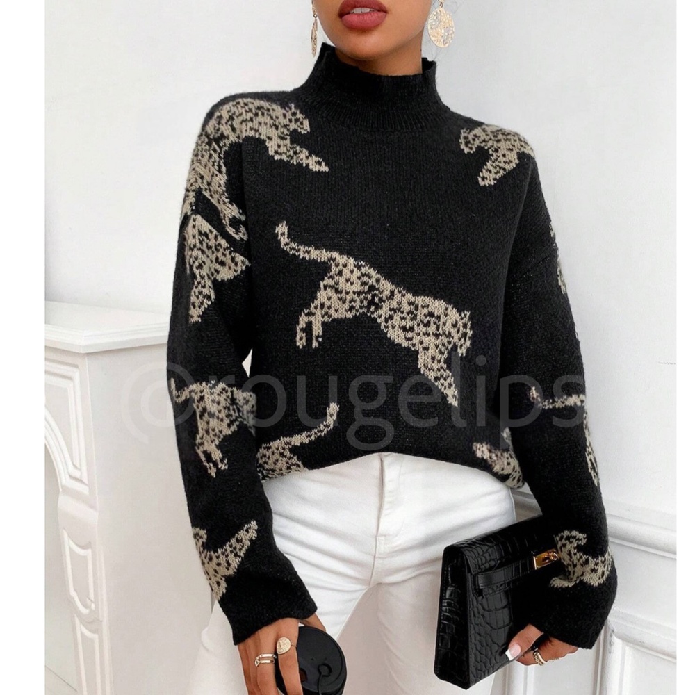 Black High Neck Knit Pullover Sweater Leopard Cheetah Print